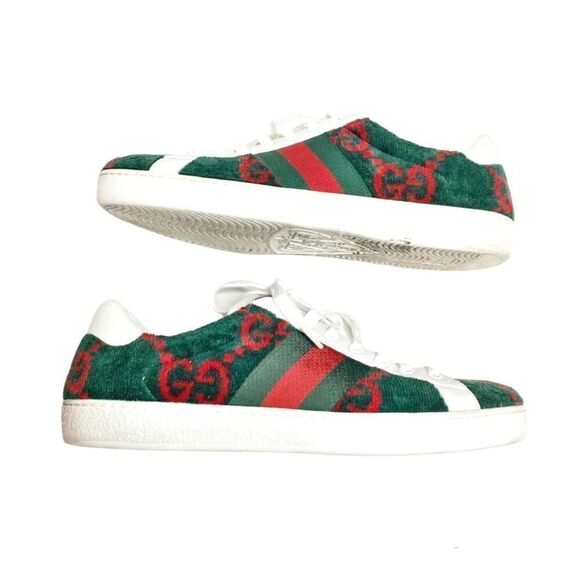 Gucci Ace GG Logo Terry Cloth Green Red Velvet Men’s Sneakers Size Gucci Size 8 - Picture 4 of 13